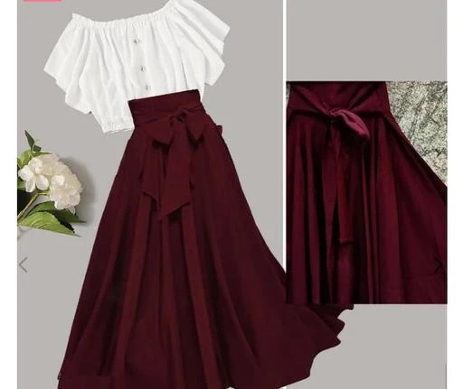 fcity.in Maroon Skirt White Top Combo Stylish Partywear Top Bottom Set