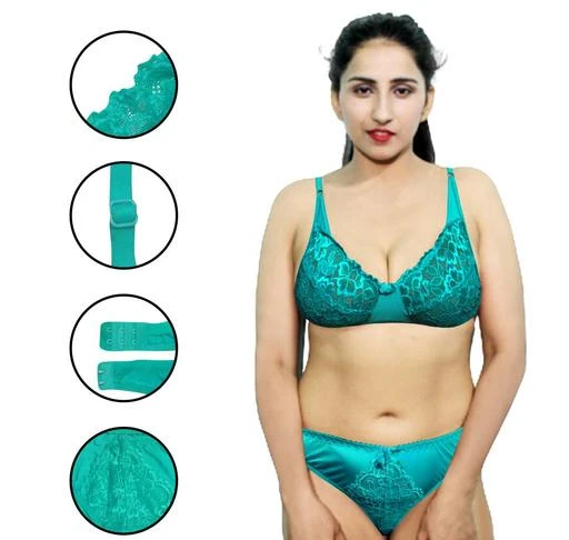  Women Lycra Bra Panty Set Self Design Sky Green
