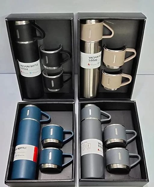 Vacuum Flask Set with 3 Stainless Steel Cups Combo