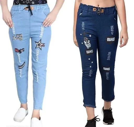 Kids Girls Stretchable Denim Joggers / Track Pants / Jeans Pants with Ankle  length Pack of 2