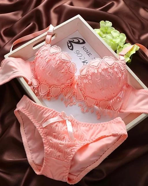 Buy online Peach Printed Bra And Panty Set from lingerie for Women