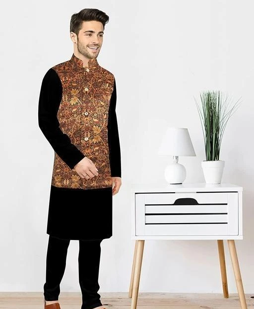 fcity.in Men Cotton Printed Black Plain Kurta Koti Modi Jacket With Black