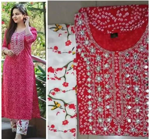  Women Cotton Printed Embroidery Work Kurti Pant Set Emboirery  Pink /