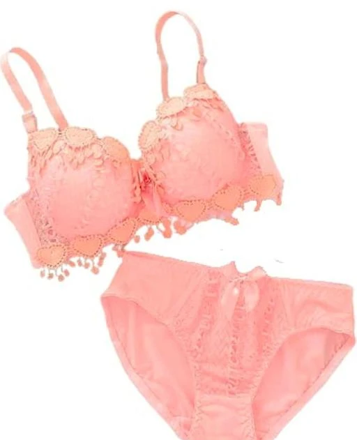 Buy online Peach Lace Work Bra And Panty Set from lingerie for