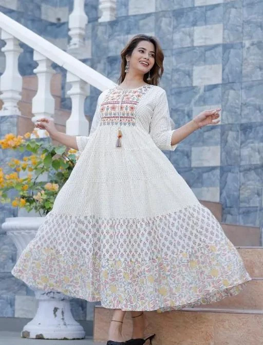 White rayon printed kurti with lace 