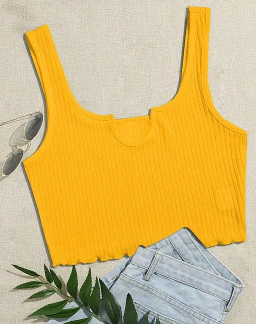 Slashed Short Sleeve Yellow Crop Top, Crop Tops for Women, Cropped