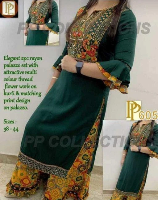 Checkout this latest Kurta Sets
Product Name: *Trendy Sensational Women Kurta Sets*
Kurta Fabric: Rayon
Bottomwear Fabric: Rayon
Fabric: Rayon
Sleeve Length: Three-Quarter Sleeves
Set Type: Kurta With Bottomwear
Bottom Type: Palazzos
Pattern: Embroidered
Multipack: Pack Of 2
Sizes:
M, L, XL, XXL, XXXL
Country of Origin: India
Easy Returns Available In Case Of Any Issue


SKU: PP_GREEN_126
Supplier Name: ALVIRA FASHION-

Code: 426-19665713-1881

Catalog Name: Trendy Sensational Women Kurta Sets
CatalogID_4063799
M03-C04-SC1003
