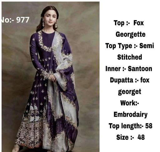 Checkout this latest Semi-Stitched Suits
Product Name: *Miss Ethnik Women's Purple Faux Georgette Semistitched Top with Unstitched Santoon Bottom and Faux Georgette Dupatta Embroidered Anarkali Gown Dress Material*
Top Fabric: Georgette
Lining Fabric: Shantoon
Bottom Fabric: Shantoon
Dupatta Fabric: Georgette
Pattern: Embroidered
Multipack: Single
Sizes: 
Semi Stitched (Top Bust Size: Up To 48 m, Top Length Size: 58 m, Bottom Length Size: 2 m, Dupatta Length Size: 2.15 m) 
Easy Returns Available In Case Of Any Issue


SKU: ME-977
Supplier Name: Miss Ethnic Fashion Hub

Code: 8251-20368834-0705

Catalog Name: Aakarsha Fabulous Semi-Stitched Suits
CatalogID_4244482
M03-C05-SC1522