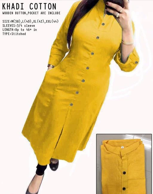 Checkout this latest Kurtis
Product Name: *Women Khadi Cotton High- Slit Solid Yellow Kurti*
Fabric: Khadi Cotton
Sleeve Length: Three-Quarter Sleeves
Pattern: Solid
Combo of: Single
Sizes:
L, XL, XXL
Country of Origin: India
Easy Returns Available In Case Of Any Issue


SKU: yellow 
Supplier Name: AKK STORE

Code: 192-2088636-297

Catalog Name: Women Khadi Cotton High- Slit Solid Yellow Kurti
CatalogID_276649
M03-C03-SC1001