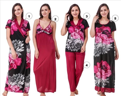 Checkout this latest Nightdress
Product Name: *Fashion India Satin Maroon color Nighty Set/Nightdress - Pack of 6*
Fabric: Satin
Sleeve Length: Shoulder Strap
Pattern: Printed
Net Quantity (N): 1
Add ons: Set
Sizes:
XS (Bust Size: 32 in, Length Size: 52 in) 
S (Bust Size: 34 in, Length Size: 52 in) 
M (Bust Size: 36 in, Length Size: 52 in) 
L (Bust Size: 38 in, Length Size: 52 in) 
This 5 Pieces Nighty comes with 1 Night Gown, 1 Pyjama, 1 Robe, 1 Full Nighty, 1 Short Nighty, 1 Top. Its soft & lovely satin fabric can really provide you an utmost comfort & breathable relaxation the whole night.
Country of Origin: India
Easy Returns Available In Case Of Any Issue


SKU: IF-5PCSBP-13
Supplier Name: Fashion_India

Code: 126-21301718-9941

Catalog Name: Aradhya Stylish Women Nightdresses
CatalogID_4491237
M04-C10-SC1044