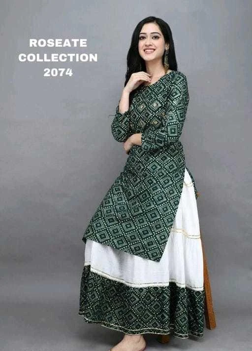Checkout this latest Kurta Sets
Product Name: *Charvi Attractive Women Kurta Sets*
Kurta Fabric: Rayon
Bottomwear Fabric: Rayon
Fabric: No Dupatta
Sleeve Length: Three-Quarter Sleeves
Set Type: Kurta With Bottomwear
Bottom Type: Skirt
Pattern: Printed
Net Quantity (N): Single
Sizes:
M (Bust Size: 32 in, Shoulder Size: 14 in, Kurta Waist Size: 32 in, Kurta Hip Size: 34 in, Kurta Length Size: 42 in, Bottom Length Size: 40 in) 
L (Bust Size: 34 in, Shoulder Size: 14 in, Kurta Waist Size: 34 in, Kurta Hip Size: 36 in, Kurta Length Size: 42 in, Bottom Length Size: 40 in) 
XL (Bust Size: 36 in, Shoulder Size: 15 in, Kurta Waist Size: 36 in, Kurta Hip Size: 38 in, Kurta Length Size: 42 in, Bottom Length Size: 40 in) 
XXL (Bust Size: 38 in, Shoulder Size: 15.5 in, Kurta Waist Size: 38 in, Kurta Hip Size: 40 in, Kurta Length Size: 42 in, Bottom Length Size: 40 in) 
Country of Origin: India
Easy Returns Available In Case Of Any Issue


SKU: green bandhani
Supplier Name: OXIT CLASS

Code: 783-21472525-999

Catalog Name: Charvi Pretty Women Kurta Sets
CatalogID_4535161
M03-C04-SC1003