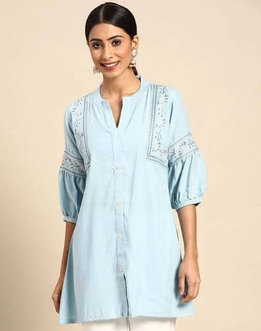 Fcity In Sky Blue Embroidered Rayon Short Tops Mahotsav Women Tops