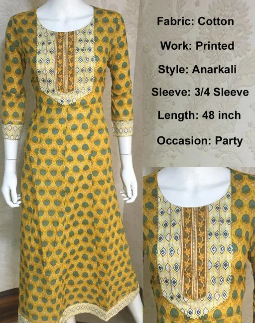 Checkout this latest Kurtis
Product Name: *Vbuyz Women's Printed & Mirror Work Anarkali Cotton Yellow Kurta Maha Price Drop Sale*
Fabric: Cotton
Sleeve Length: Three-Quarter Sleeves
Pattern: Printed
Combo of: Single
Sizes:
S (Bust Size: 36 in, Size Length: 48 in) 
M (Bust Size: 38 in, Size Length: 48 in) 
L (Bust Size: 40 in, Size Length: 48 in) 
XL (Bust Size: 42 in, Size Length: 48 in) 
XXL (Bust Size: 44 in, Size Length: 48 in) 
XXXL (Bust Size: 46 in, Size Length: 48 in) 
Vbuyz Women's Printed & Mirror Work Anarkali Cotton Yellow Kurta has a mandarin/chinese neck, 3/4 Sleeve, Printed & Mirror Work, Flared Hem, No Slit. It will keep you comfortable for a Party Wear look. Pair it with high heels and look effortlessly chic and fashionable.
Country of Origin: India
Easy Returns Available In Case Of Any Issue


SKU: VF-KU-866
Supplier Name: V-Fabrics

Code: 837-22332749-9412

Catalog Name: Vbuyz Women'S Aakarsha Graceful Kurtis
CatalogID_4777406
M03-C03-SC1001