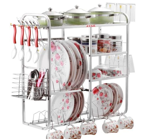 Checkout this latest Racks & Holders_1500+
Product Name: *Trendy Racks & Holders*
Material: Stainless Steel
Pack: Pack of 1
Length: 24 inch
Breadth: 10 Inch
Height: 24 Inch
Avail 4 Shelve Rack |  DishPlate Cutlery Stand | Steel Kitchan Stand Rack| Modern Kitchan Storagh Rack| 24*24 Inch| Utensil Kitchan Rack (Steel)
Sizes: 
Free Size (Length Size: 2 ft, Width Size: 1 ft, Height Size: 2 ft) 
AVAIL kitchen rack is made from pure stainless Steel. The product is completely rust resistant. Avail presents a compact, efficient storage method for your kitchen utensils like dishes, pressure Cooker, plates, spoons, bowls, and glasses. You can store your utensils in this stainless steel kitchen rack right after washing them. This rack can add a lot of space to your kitchen and help with the organization, which is key to the smooth running of the kitchen. It is also a breeze to assemble. The rack comes with detachable glass holder & spoon holder. The detachable glass holder provided so the wet glass can be neatly put for draining over the kitchen platform. The rack will give you kitchen a modern look and you can keep all our daily use utensils in a very organize manner.
Country of Origin: India
Easy Returns Available In Case Of Any Issue


Catalog Rating: ★4 (609)

Catalog Name: Wonderful Racks & Holders
CatalogID_4784942
C130-SC1640
Code: 3241-22361873-0232