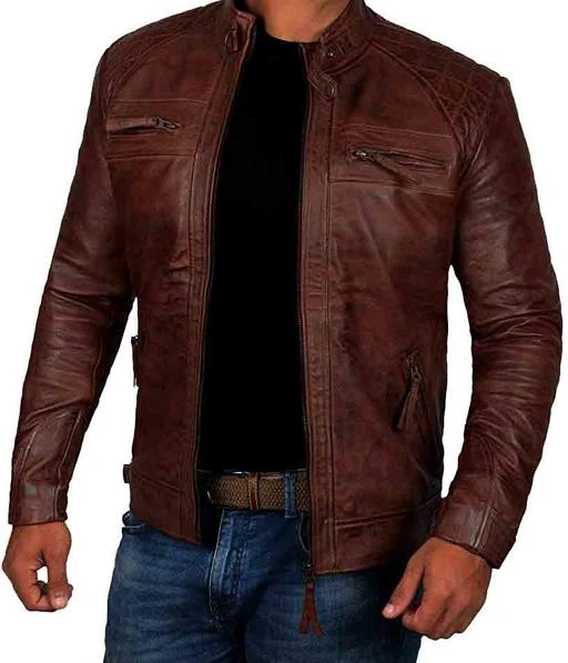 Checkout this latest Jackets
Product Name: *Classy Designer Men Jackets*
Fabric: Leather
Sleeve Length: Long Sleeves
Pattern: Self-Design
Net Quantity (N): 1
Sizes:
XS (Length Size: 26 in, Waist Size: 38 in, Hip Size: 36 in) 
S (Length Size: 27 in, Waist Size: 40 in, Hip Size: 38 in) 
M (Length Size: 27 in, Waist Size: 42 in, Hip Size: 40 in) 
L (Length Size: 28 in, Waist Size: 44 in, Hip Size: 42 in) 
XL (Length Size: 29 in, Waist Size: 46 in, Hip Size: 44 in) 
XXL (Length Size: 29 in, Waist Size: 48 in, Hip Size: 46 in) 
XXXL
Handmade Men's Vintage Brown Front Zipper Biker Jacket With High Stand Collar
Country of Origin: India
Easy Returns Available In Case Of Any Issue


SKU: 003
Supplier Name: Leather Shop India

Code: 9703-22394253-9993

Catalog Name: Pretty Fashionista Men Jackets
CatalogID_4791345
M06-C14-SC1209