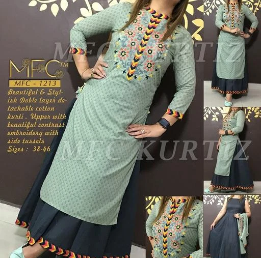 Checkout this latest Kurtis
Product Name: *Women's Embroidered Rayon Kurti*
Fabric: Rayon
Sleeves: Sleeves Are Included 
Size: 38 in 40 in 42 in 44 in 46 in
Length: Kurti: Up To 56 in Inner: Up To 44 in
Type: Stitched
Description: It Has 1 Piece of Double Layer Dress With Detachable Kurti
Work: Embroidery Work
Country of Origin: India
Easy Returns Available In Case Of Any Issue


Catalog Name: Trendy Rayon Gold Printed Double Layer Dress With Detachable Kurtis Vol 1
CatalogID_299020
Code: 000-2247300

.