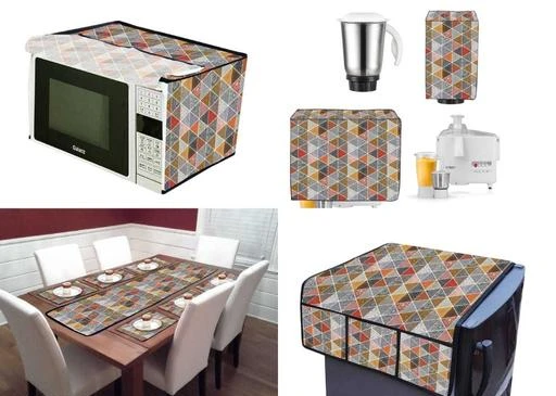 Checkout this latest Appliance Cover
Product Name: *ASHA FURNISHING Printed Non Wooven 11 Piece Kitchen Combo Set-1 Fridge Cover(40x21 in), 1 Table Runner(54x13), 6 Dining Mats(12.5x19), 1 Mixer Cover, 1 Grinder(Jug) Cover & 1 Microwave Cover (Multi) *
Type: Mixer Grinder Cover
Pattern: Printed
Color: Multi
Product Length: 21 Inch
Product Height: 1.5 Inch
Product Breadth: 40 Inch
Product Unit: Inch
Net Quantity (N): 1
The Microwave covers have 4 utility pockets, 2 on each side and the Fridge covers have 6 utility pockets, 3 on each side.
Dimensio: Fridge top- 40x21 inches, Microwave cover- 18x14x11.5 inches, Table Runner-54x13 Inches, Table mats-18x11 inches, Mixer cover size : 19x13x13