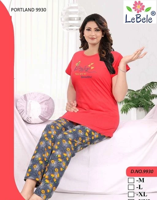 Checkout this latest Nightsuits
Product Name: *Women Rib Cotton Top With Bottom Nightsuit*
Top Fabric: Cotton
Bottom Fabric: Cotton
Top Type: Tshirt
Bottom Type: Pyjamas
Sleeve Length: Short Sleeves
Pattern: Solid
Multipack: 1
Sizes:
XL (Top Bust Size: 39 in, Top Length Size: 29 in, Bottom Waist Size: 32 in, Bottom Length Size: 39 in) 
Country of Origin: India
Easy Returns Available In Case Of Any Issue


Catalog Rating: ★3.9 (72)

Catalog Name: Aradhya Alluring Women Nightsuits
CatalogID_4867211
C76-SC1045
Code: 094-22681026-997