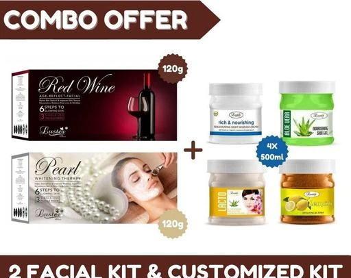 Checkout this latest Cleansers
Product Name: *  Luster Red Wine Age Reflect & Pearl Facial Kit 120g | Luster Customized Kit | Rich Nourishing Night Massage Cream | Aloe Vera Skin Gel | Lacto Tan Removal Face Pack | Lemon Face & Body Gel Scrub | Made With Natural Ingredients | All Skin Types | Paraben & Sulfate Free - 500ml (Pack of 4)*
Product Name:   Luster Red Wine Age Reflect & Pearl Facial Kit 120g | Luster Customized Kit | Rich Nourishing Night Massage Cream | Aloe Vera Skin Gel | Lacto Tan Removal Face Pack | Lemon Face & Body Gel Scrub | Made With Natural Ingredients | All Skin Types | Paraben & Sulfate Free - 500ml (Pack of 4)
Brand Name: Luster
Type: Scrubs & Exfoliaters
Net Quantity (N): 1
Add On: Facial Kit
Country of Origin: India
Easy Returns Available In Case Of Any Issue


SKU: LPC-88 + FKCMB7
Supplier Name: Luster Cosmetics

Code: 856-2343830-6351

Catalog Name: Discounted Combo Body Care Vol 12
CatalogID_313007
M07-C21-SC5671
