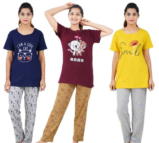 Checkout this latest Nightsuits
Product Name: *Siya Alluring Women Nightsuits*
Top Fabric: Cotton
Bottom Fabric: Cotton
Top Type: Tshirt
Bottom Type: Pyjamas
Sleeve Length: Short Sleeves
Pattern: Printed
Net Quantity (N): 3
Sizes:
S, XL (Top Bust Size: 37 in, Top Length Size: 27 in, Bottom Waist Size: 26 in, Bottom Length Size: 42 in) 
XXL, XXXL, 4XL
Shop from a Wide Range of BEFLI Printed Top & All Over Print Pyjama Set / Pajama Night Suit Set / Sleep wear Set / Loungewear Set for Super Comfortable and Nice Sleep. Please Refer Our Size Chart for Perfect Fit.
Country of Origin: India
Easy Returns Available In Case Of Any Issue


SKU: 65221-BT3 Cmb Ntst CCNvy SYlw LMrn/XL
Supplier Name: Thought Process

Code: 4751-23443479-9422

Catalog Name: Siya Alluring Women Nightsuits
CatalogID_5112919
M04-C10-SC1045