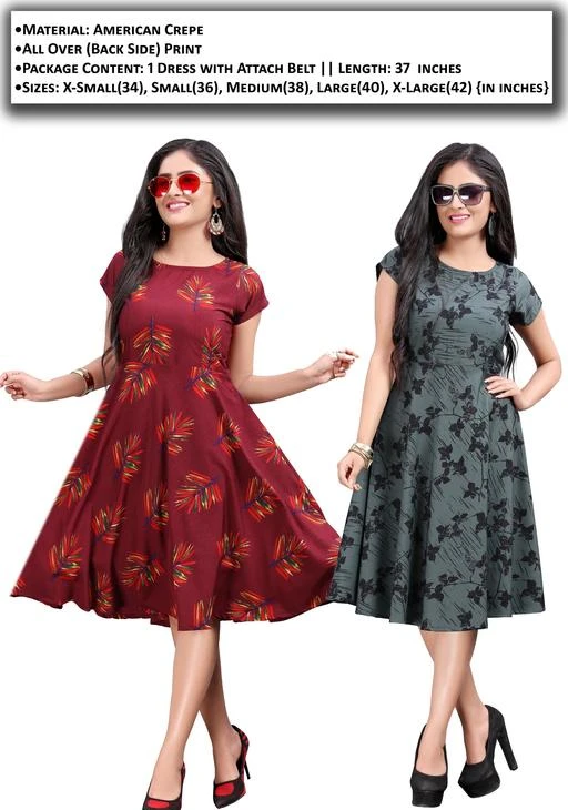 Checkout this latest Dresses
Product Name: *Women's Floral Printed Crepe Printed Dresses*
Fabric: Crepe
Sleeve Length: Sleeveless
Pattern: Printed
Net Quantity (N): 2
Sizes:
XS (Bust Size: 34 in, Length Size: 37 in) 
S (Bust Size: 36 in, Length Size: 37 in) 
M (Bust Size: 38 in, Length Size: 37 in) 
L (Bust Size: 40 in, Length Size: 37 in) 
XL (Bust Size: 42 in, Length Size: 37 in) 
•Material: American Crepe •Fit Type: Regular Fit, Knee length skater dress•Occasion: Casual & Festive || All Over (Back Side) Print •Package Content: 1 Dress with Belt || Length: 37  inches•Ideal For :: Women's / Girls || Suitable For- Western Wear•Sizes: X-Small(34), Small(36), Medium(38), Large(40), X-Large(42) {in inches}
Country of Origin: India
Easy Returns Available In Case Of Any Issue


SKU: 2Frk-184-186
Supplier Name: New Ethnic 4 You

Code: 253-23717037-999

Catalog Name: Urbane Feminine Women Dresses
CatalogID_5180218
M04-C07-SC1025