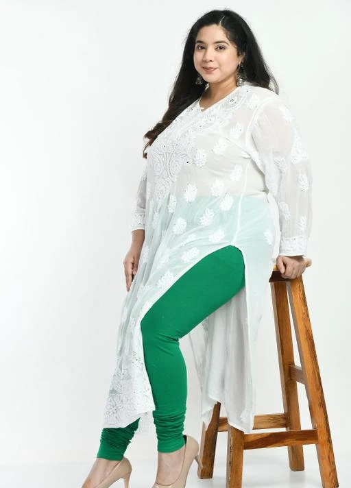 Women Solid Cotton Lycra Green Ruby Cut Churidar Plus Size  Leggings /