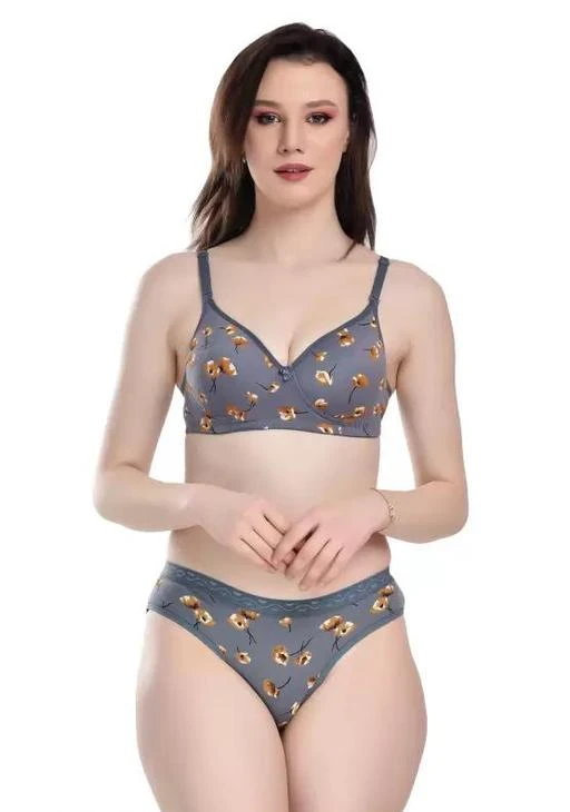 Padded Printed Cotton Seamless Bra Panty Set for Daily Wear, Size