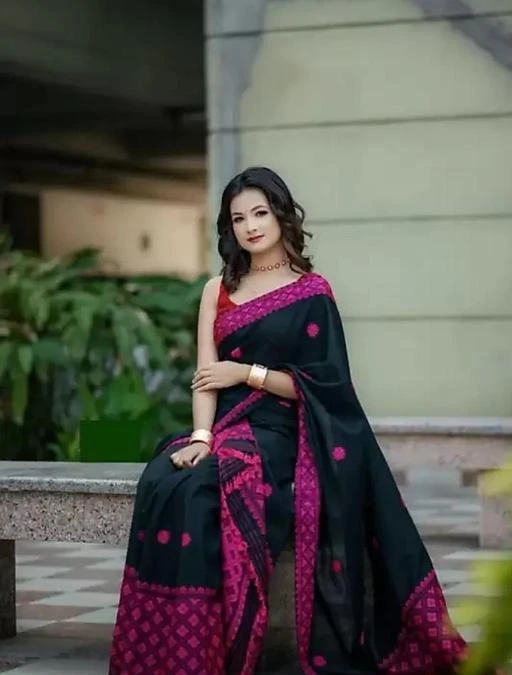  Woven Mekhela Chador Cotton Blend Saree With Blouse Piece Black