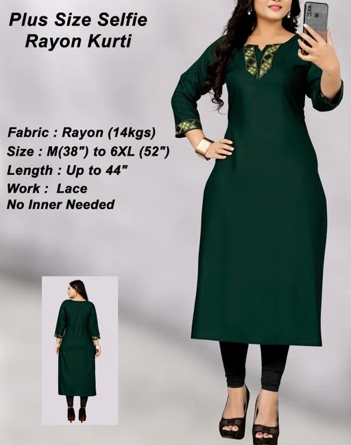 Checkout this latest Kurtis
Product Name: *Trendy Rayon Kurtis*
Fabric: Rayon
Sleeve Length: Three-Quarter Sleeves
Pattern: Solid
Combo of: Single
Sizes:
M (Bust Size: 38 in, Size Length: 44 in) 
L (Bust Size: 40 in, Size Length: 44 in) 
XL (Bust Size: 42 in, Size Length: 44 in) 
XXL (Bust Size: 44 in, Size Length: 44 in) 
XXXL (Bust Size: 46 in, Size Length: 44 in) 
5XL (Bust Size: 50 in, Size Length: 44 in) 
Country of Origin: India
Easy Returns Available In Case Of Any Issue


Catalog Rating: ★4.3 (79)

Catalog Name: Trendy Rayon Kurtis
CatalogID_5418452
C74-SC1001
Code: 743-24570026-999