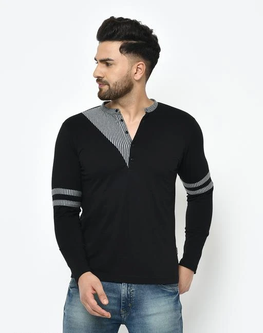 Checkout this latest Tshirts
Product Name: *Rigo Men Black With Contrast Detailing Henley Full Sleeve Cotton T-Shirt*
Fabric: Cotton
Sleeve Length: Long Sleeves
Pattern: Self-Design
Net Quantity (N): 1
Sizes:
S (Chest Size: 36 in, Length Size: 27 in) 
M (Chest Size: 38 in, Length Size: 27.5 in) 
L (Chest Size: 40 in, Length Size: 28 in) 
XL (Chest Size: 42 in, Length Size: 29 in) 
Rigo is an India Originated brand designed for men and women offering a slim fit style with the highest qualities. All Tshirts are 100% Superior Cotton T-Shirt with Bio washed treatment. We are obsessed with delivering a versatile fashion. Quality and comfort are at the forefront of everything we do and our commitment to effortless fashion drive us to bring you the latest trends every time. The Fabric used is Lightweight fabric suitable for all-season wear. This Henley neck full sleeves black Tshirt Ideal casual wear for each and every single occasion like outing, daily wear, office wear, casual wear, picnic, birthday parties, hang out, etc. It can be an ideal gift for your friends and family people. Quality: All garments are subjected to the following tests Fabric dimensional stability test and quality inspection for colors and wash fastness. Perfect for Summer and Long life. Note: Check the Size chart to get a perfect fit for you!
Country of Origin: India
Easy Returns Available In Case Of Any Issue


SKU: HT02201116RL
Supplier Name: Rigo International

Code: 303-24667128-999

Catalog Name: Rigo International Men Tshirts
CatalogID_5442045
M06-C14-SC1205