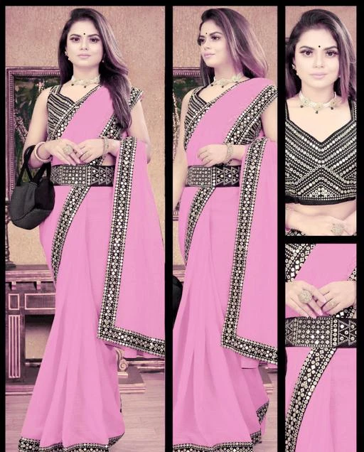 Pink Mirror Belt Saree - S