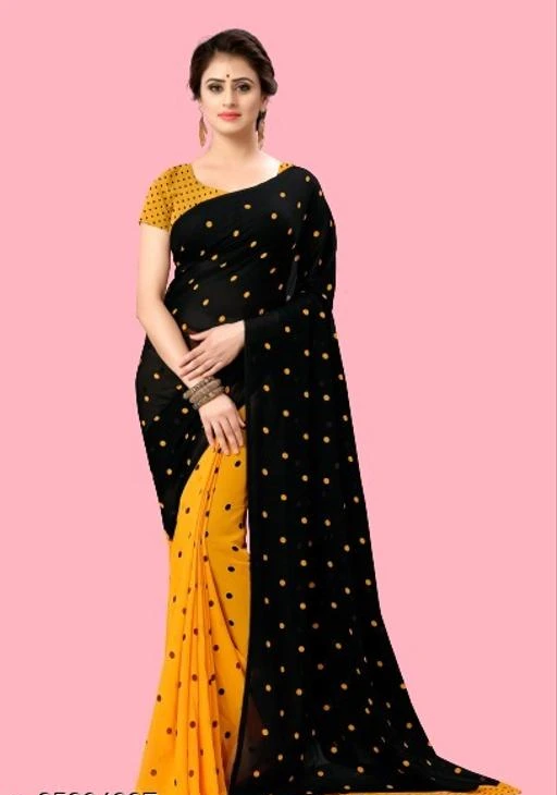  Yellow Polka Dot Half And Half Printed Daily Wear Georgette Saree