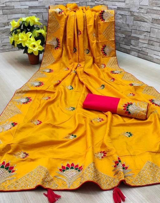 Checkout this latest Sarees
Product Name: *Bittu Fashion Women's Dola Silk Heavy Multi and Pearl Embroidered Party Wedding Fashion Saree Yellow Color*
Saree Fabric: Dola Silk
Blouse: Separate Blouse Piece
Blouse Fabric: Cotton
Pattern: Zari Embroidered
Blouse Pattern: Same as Border
Net Quantity (N): Single
Bittu Fashion Stylish Women's Dola Silk Multi Extra Ordinary Pearl Embroidered Party Saree 
Saree Fabric : Dola Silk
Blouse Fabric : Cotton
Work : Multi Embroidered With Pearl
Pattern: Fashion
Type: Dola Silk
Occassion:Party, Wedding, Festive
Pack Of : 1 Saree With Blouse Fabric 
Size : Free Size Saree Length 5.5 Mtr and Blouse Fabric 0.80 Mtr 
100% Best Quality 
Sizes: 
Free Size (Saree Length Size: 5.5 m, Blouse Length Size: 0.8 m) 
Country of Origin: India
Easy Returns Available In Case Of Any Issue


SKU: BF-123-C Pallu_Teal_Yellow
Supplier Name: Bittu Fashion

Code: 866-25295346-9971

Catalog Name: Jivika Fashionable Sarees
CatalogID_5653915
M03-C02-SC1004