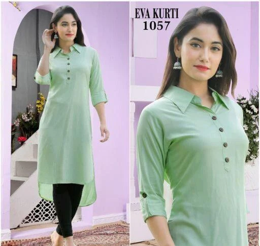 Checkout this latest Kurtis
Product Name: *Women's Rayon solid plain A-line Kurti*
Fabric: Rayon
Sleeve Length: Three-Quarter Sleeves
Pattern: Solid
Combo of: Single
Sizes:
S (Bust Size: 36 in) 
M (Bust Size: 38 in) 
L (Bust Size: 40 in) 
XL (Bust Size: 42 in) 
XXL (Bust Size: 44 in) 
 Kurti Details
Fabric - Heavy Rayon (14kg)
Patent - Plain solid
Length - 46