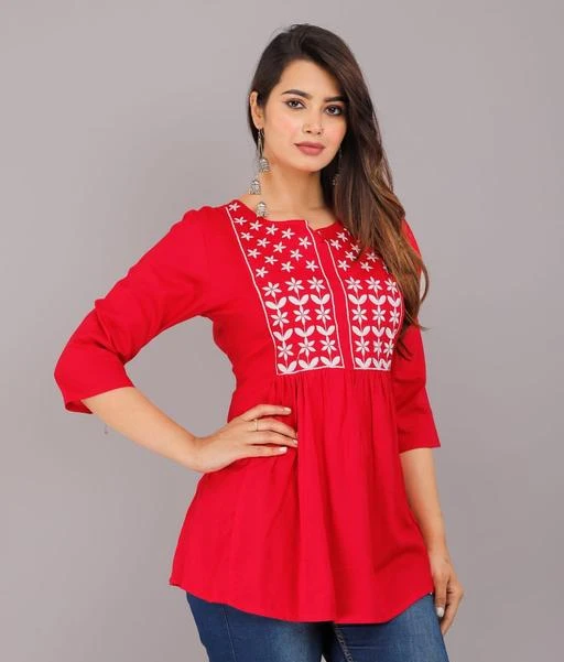 Women Self Design Rayon Embroidery Short Tops For Girls And Women