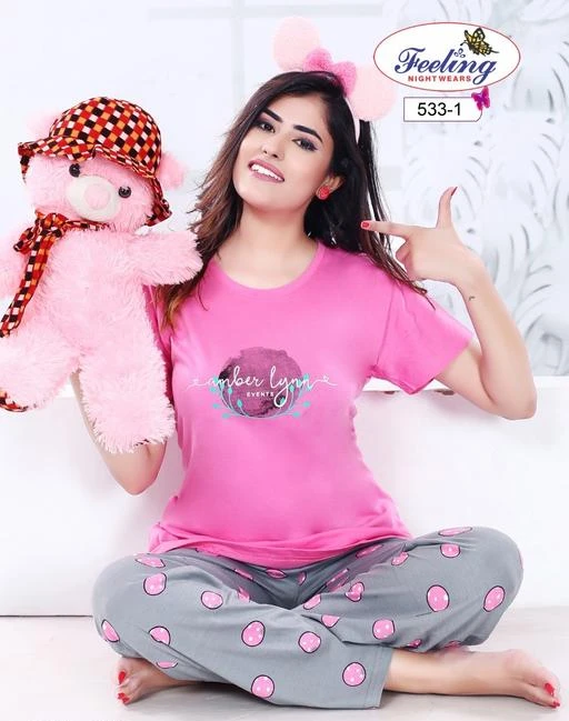Checkout this latest Nightsuits
Product Name: *Hosiery Shinker Pyjama set*
Top Fabric: Hosiery
Bottom Fabric: Hosiery
Top Type: Tshirt
Bottom Type: Pyjamas
Sleeve Length: Short Sleeves
Pattern: Printed
Net Quantity (N): 1
Sizes:
M (Top Bust Size: 36 in, Top Length Size: 27 in, Bottom Waist Size: 30 in, Bottom Length Size: 37 in) 
L (Top Bust Size: 38 in, Top Length Size: 27 in, Bottom Waist Size: 32 in, Bottom Length Size: 38 in) 
Stylish and dashing Pyjama and t-shirt nightsuit set very comfortable in all seasons. 100% cotton shinker material. Bottom has 1 pocket also. 
Country of Origin: India
Easy Returns Available In Case Of Any Issue


SKU: 533-1
Supplier Name: JIYU FASHION

Code: 794-26194155-9991

Catalog Name: Siya Attractive Women Nightsuits
CatalogID_5948309
M04-C10-SC1045