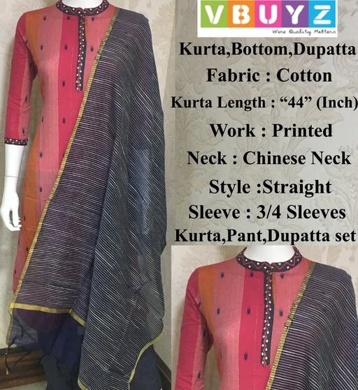 Checkout this latest Kurta Sets
Product Name: *Vbuyz Women's Printed Straight Cotton Multi Kurta Pant & Dupatta*
Kurta Fabric: Cotton
Bottomwear Fabric: Cotton
Fabric: Cotton
Sleeve Length: Three-Quarter Sleeves
Set Type: Kurta With Dupatta And Bottomwear
Bottom Type: Pants
Pattern: Printed
Net Quantity (N): Single
Sizes:
L (Bust Size: 40 m, Shoulder Size: 15 m, Kurta Waist Size: 38 m, Kurta Hip Size: 42 m, Kurta Length Size: 44 m, Bottom Waist Size: 36 m, Bottom Hip Size: 42 m, Bottom Length Size: 37 m, Duppatta Length Size: 2.2 m) 
XL (Bust Size: 42 in, Shoulder Size: 16 in, Kurta Waist Size: 40 in, Kurta Hip Size: 44 in, Kurta Length Size: 44 in, Bottom Waist Size: 38 in, Bottom Hip Size: 44 in, Bottom Length Size: 37 in, Duppatta Length Size: 2.2 in) 
XXL (Bust Size: 44 in, Shoulder Size: 17 in, Kurta Waist Size: 42 in, Kurta Hip Size: 46 in, Kurta Length Size: 44 in, Bottom Waist Size: 40 in, Bottom Hip Size: 46 in, Bottom Length Size: 37 in, Duppatta Length Size: 2.2 in) 
XXXL (Bust Size: 46 in, Shoulder Size: 18 in, Kurta Waist Size: 44 in, Kurta Hip Size: 48 in, Kurta Length Size: 44 in, Bottom Waist Size: 42 in, Bottom Hip Size: 48 in, Bottom Length Size: 37 in, Duppatta Length Size: 2.2 in) 
Vbuyz Women's Printed Straight Cotton Multi Kurta,Pant & Dupatta has a mandarin/chinese neck, 3/4 Sleeve, Printed, Straight hem, side slit. It will keep you comfortable for a Party Wear look. Pair it with high heels and look effortlessly chic and fashionable.
Country of Origin: India
Easy Returns Available In Case Of Any Issue


SKU: VF-KU-957-SKD
Supplier Name: V-Fabrics

Code: 548-26567554-9943

Catalog Name: Vbuyz Women'S Aagyeyi Refined Women Kurta Sets
CatalogID_6091857
M03-C04-SC1003