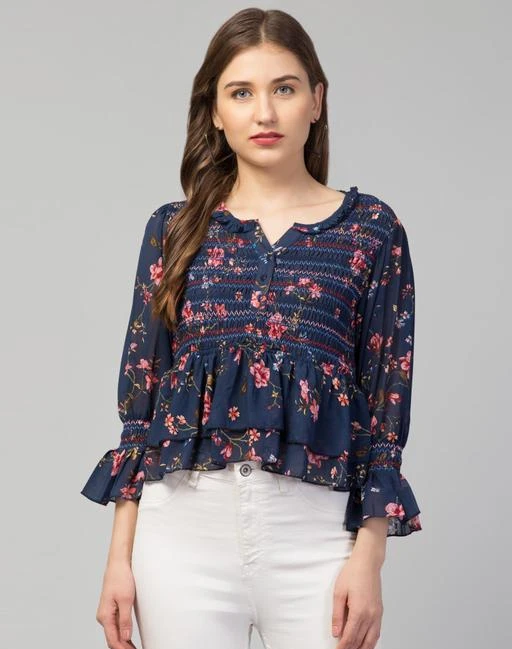 Women's Blue Georgette Floral Print Bell Sleeve Top