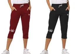 OMIKKA Women's Bio-Wash Calf Length Capri / Shorts Combo Active Workout  Running Fit Yoga 3/4 Pants Combo Pack of 2 for Women/Girls/Ladies