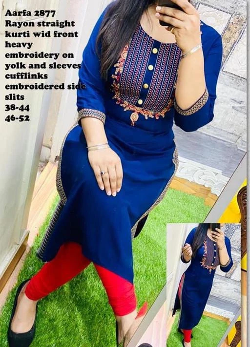 Checkout this latest Kurtis
Product Name: *Embroidered Navy Blue Rayon kurti*
Fabric: Rayon
Sleeve Length: Three-Quarter Sleeves
Pattern: Embroidered
Combo of: Single
Sizes:
M (Bust Size: 38 in, Size Length: 45 in) 
L, XL, XXL, XXXL, 4XL, 5XL
Navy Blue Rayon straight kurti wid heavy embroidery on yolk and sleeves cufflinks embroidered side slits 
Country of Origin: India
Easy Returns Available In Case Of Any Issue


SKU: navy blue gala
Supplier Name: JAIN CREATION

Code: 714-27679575-9941

Catalog Name: Banita Sensational Kurtis
CatalogID_6495388
M03-C03-SC1001