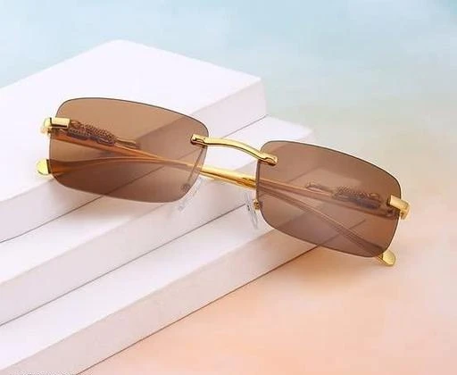 CREATURE MC Stan goggles Rimless Unisex Sunglasses Retro Vintage Gold Frame  Rectangular Premium Designer (BROWN)