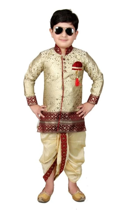 Checkout this latest Sherwanis
Product Name: *Boys Gold Cotton Silk Sherwanis Pack Of 1*
Pattern: Solid
Net Quantity (N): 1
#MadeinIndia. Sasta bhi Aur Acha bhi. It Has 1 Piece Of Boy's Sherwani & 1 Piece Of Boy's Dhoti. JOLEY POLEY Presents Sherwani Set for Kids and Boys. This set is suitable for your kid to be worn at any occasion like party, wedding, festival, family gathering. The design on the sherwani requires a special mention, which makes this set stand apart. Grab this latest collection NOW. JOLEY POLEY manufactures boys party wear and regular wear dress by best quality material. Here you can find a wide range of kids clothing for boys in kids ethnic wear which includes party wear sherwani, indowestern, kurta pjyama, kothi kurta pjyama, coat pant & many more .
Sizes: 
18-24 Months, 1-2 Years, 2-3 Years, 3-4 Years, 4-5 Years, 5-6 Years, 6-7 Years, 7-8 Years, 8-9 Years, 9-10 Years, 10-11 Years, 11-12 Years, 12-13 Years, 13-14 Years, 14-15 Years, 15-16 Years
Country of Origin: India
Easy Returns Available In Case Of Any Issue


SKU: MEESHO-JLB DHTI-G
Supplier Name: JOLEY POLEY

Code: 217-27957590-9971

Catalog Name: Cute Classy Kids Boys Sherwanis
CatalogID_6566061
M10-C32-SC1172