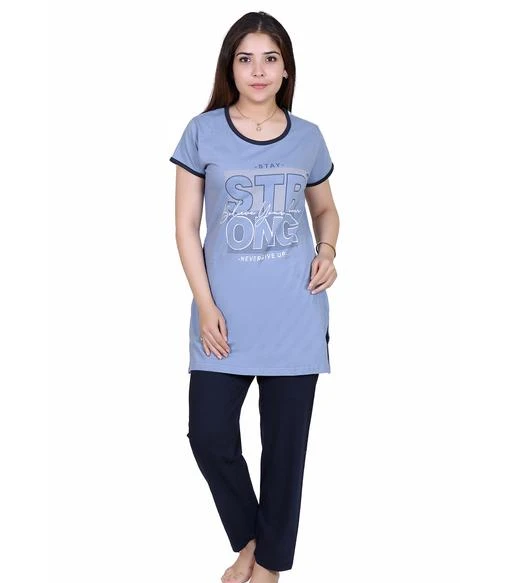 Checkout this latest Nightsuits
Product Name: *DG Divine Girl Summer Cotton Printed Nigt Suit  For Women's*
Top Fabric: Cotton
Bottom Fabric: Cotton
Top Type: Tshirt
Bottom Type: Pyjamas
Sleeve Length: Short Sleeves
Pattern: Printed
Net Quantity (N): 1
Sizes:
XXL, XXXL (Top Bust Size: 47 in, Top Length Size: 36 in, Bottom Waist Size: 38 in, Bottom Length Size: 39 in) 
4XL (Top Bust Size: 49 in, Top Length Size: 37 in, Bottom Waist Size: 40 in, Bottom Length Size: 39 in) 
5XL (Top Bust Size: 51 in, Top Length Size: 38 in, Bottom Waist Size: 42 in, Bottom Length Size: 39 in) 
100%  Cotton top for Summer. Specially Designed for Women's/Girls. No Fade or Shrinkage Issues. Loose-fitted and perfect length hide your tummy, shaping your body line perfectly. Good for legging and tight jeans. Round neck, Super soft, breathable high stretchy and comfortable, the touch feeling is admirable.
Country of Origin: India
Easy Returns Available In Case Of Any Issue


SKU: 1124 D grey navy
Supplier Name: SAHEJ SLEEPWEAR

Code: 035-28023001-999

Catalog Name: Siya Alluring Women Nightsuits
CatalogID_6590171
M04-C10-SC1045
