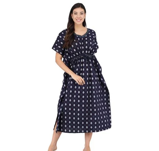Checkout this latest Nightdress
Product Name: *Shararat Women's Printed Cotton Kaftan Nighty | Kaftan Nightwear Night Gown for Women | Night Dress for women Navy Blue*
Fabric: Cotton
Sleeve Length: Short Sleeves
Pattern: Printed
Multipack: 1
Add ons: Top
Sizes:
M, L, XL, XXL, Free Size (Bust Size: 44 in, Length Size: 53 in) 
Country of Origin: India
Easy Returns Available In Case Of Any Issue


Catalog Rating: ★4 (11)

Catalog Name: Shararat Women's Printed Cotton Kaftan Nightdress
CatalogID_7027183
C76-SC1044
Code: 714-29312271-999
