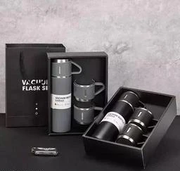 Steel Vacuum Flask Set With 3 Steel Cups Combo