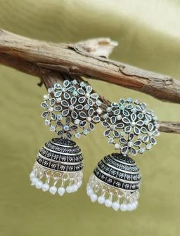 Vembley Traditional Oxidized Black Silver Afghani Style Big Mirror Jhumki Silver  Earrings For Women and Girls