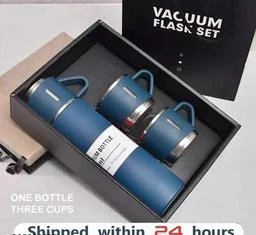 Stainless Steel Vacuum Flask Set with 3 Steel Cups Combo for