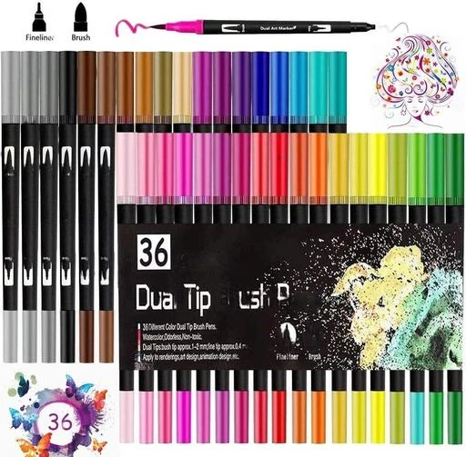 24pcs Mixed Color Dual Tips Brush Marker Pen, Brush Tip And Fineliner Marker  For School, Drawing, Writing, Journaling