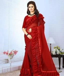 Party Wear Sarees : Red georgette ruffle border partywear