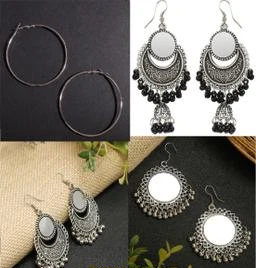 Vembley Traditional Oxidized Black Silver Afghani Style Big Mirror Jhumki Silver  Earrings For Women and Girls